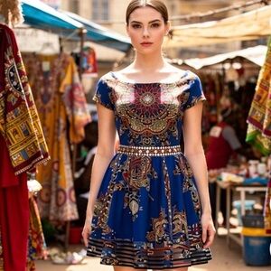 Vibrant Cobalt Blue Patterned Midi Dress size Medium